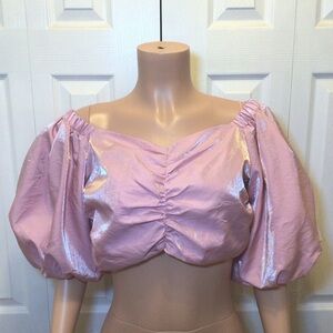 Day+Moon Womens Shimmer Pink Taffeta Puffed Sleeve Smocked Cropped Top Size Lg